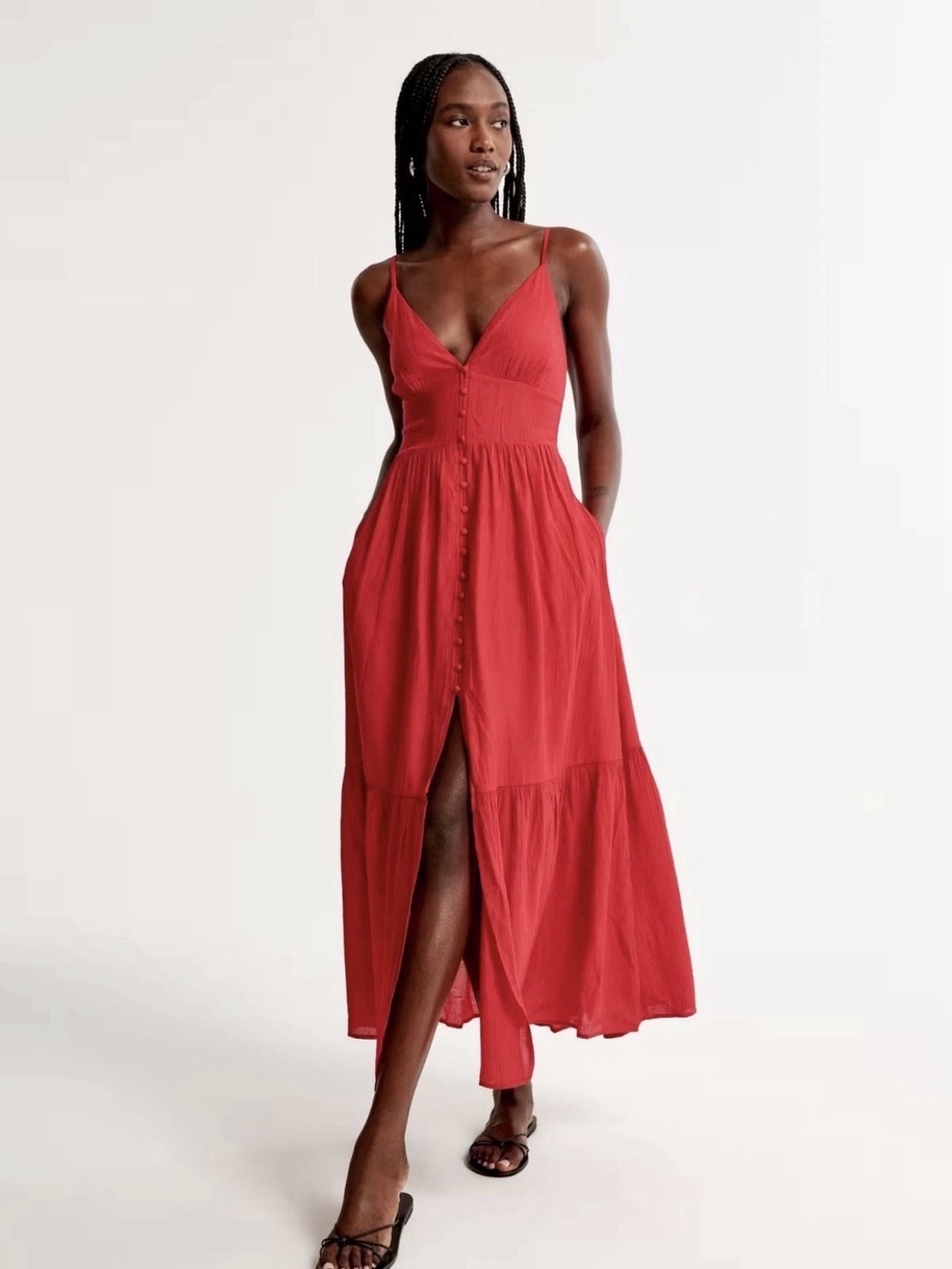 Abercrombie & Fitch Red Crinkle Texture V-neck Maxi Dress w/ Pockets